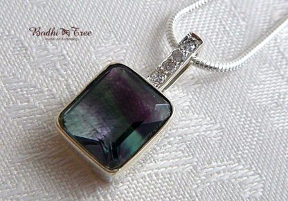 Fluorite Zircon Pendant Sterling Silver 925 Stylish Square Natural Stone Jewelry