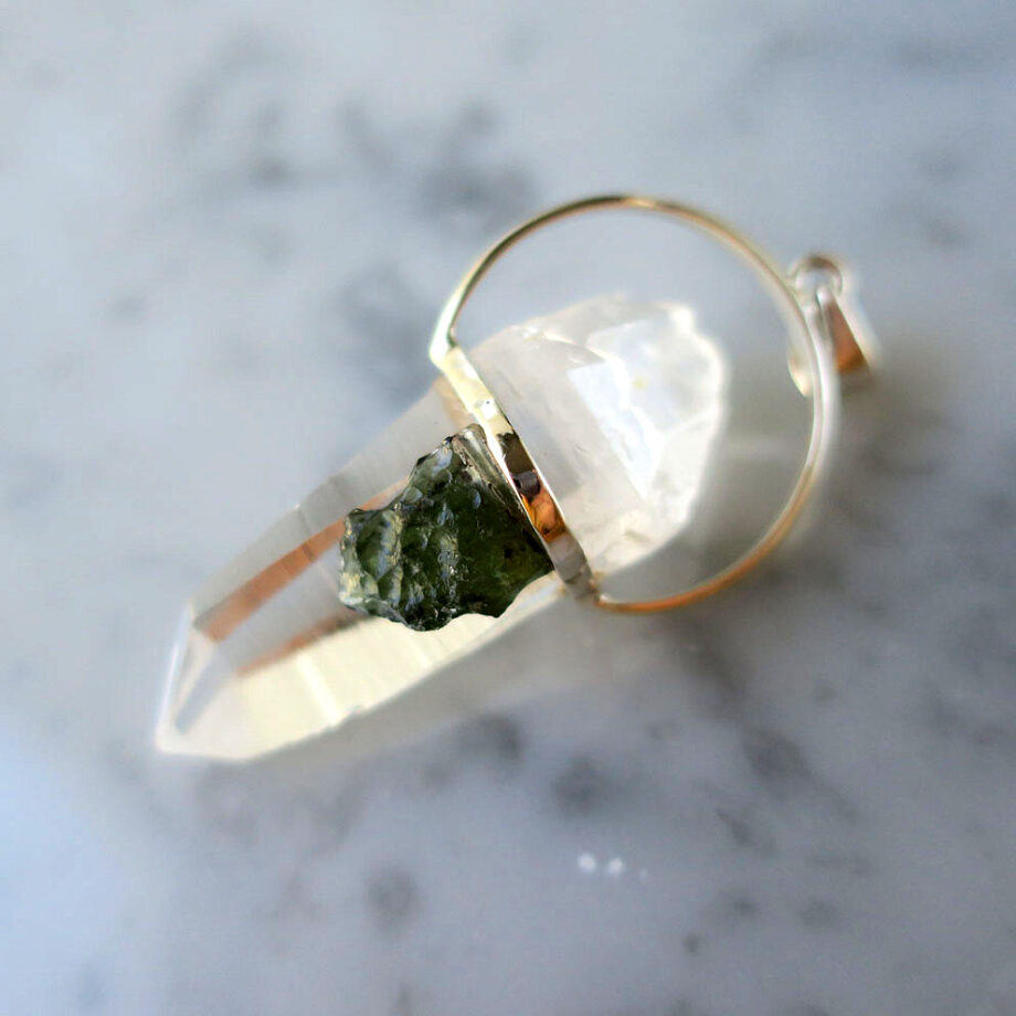 Crystal point pendant top with moldavite