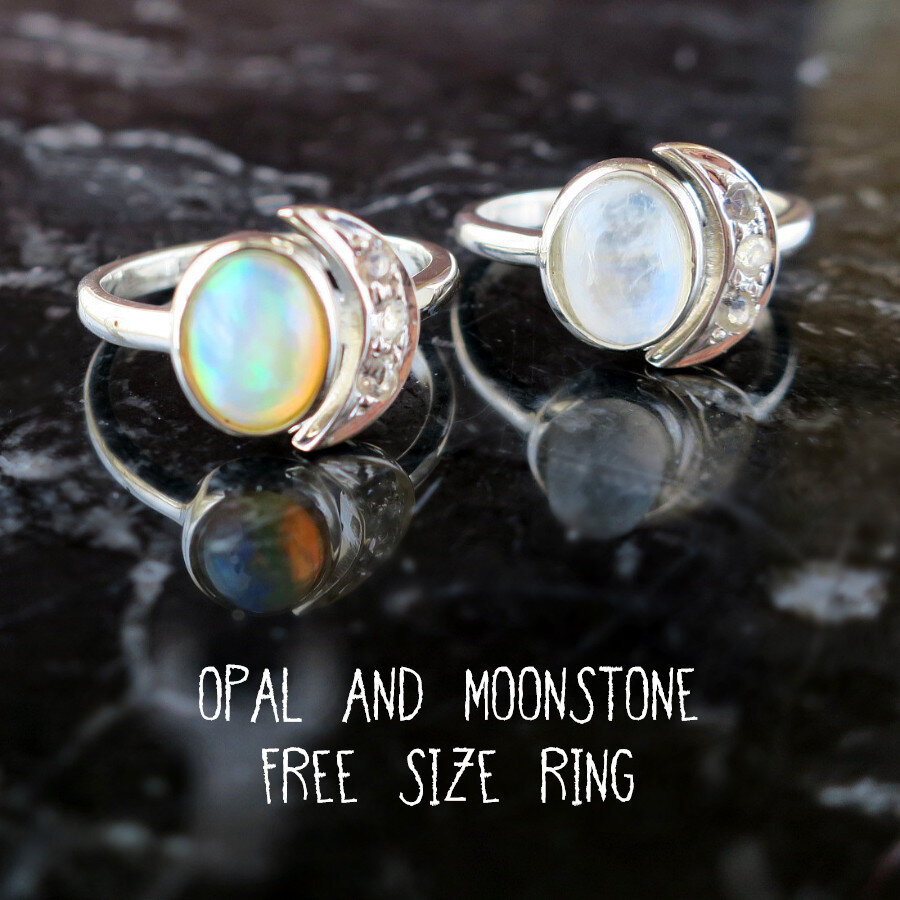 オパール 三日月リング フリーサイズ SV925 10月誕生石 ハンドメイドジュエリー