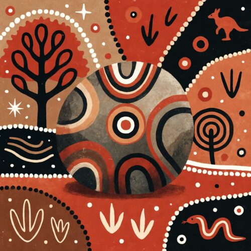 アボリジニ芸術様式によるデジタルイラスト。ムーカイトをモチーフに、アースカラーで自然の象徴を描いた作品