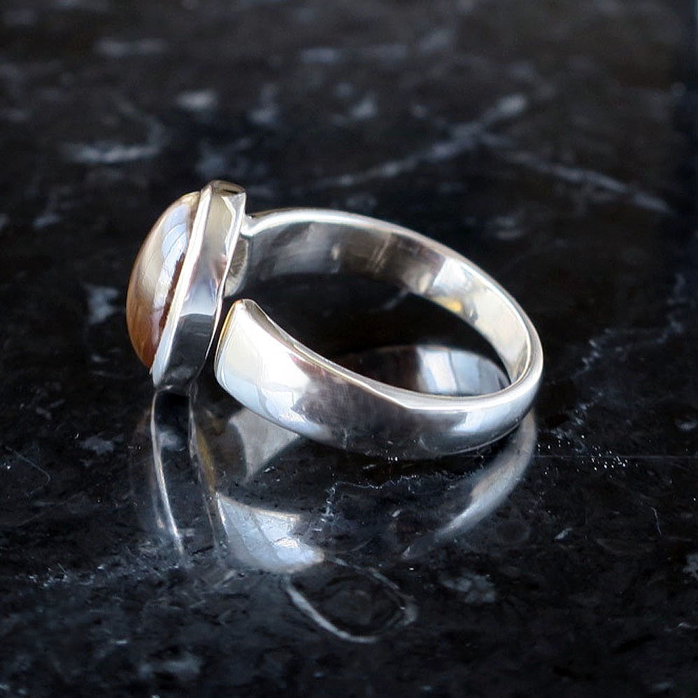 天然ジルコン リング 甲丸 フクリン留め シルバー925 鏡面仕上げ オープンリング サイズ調整可能 職人技 ハンドメイド オレンジ 天然石 リングデザイン